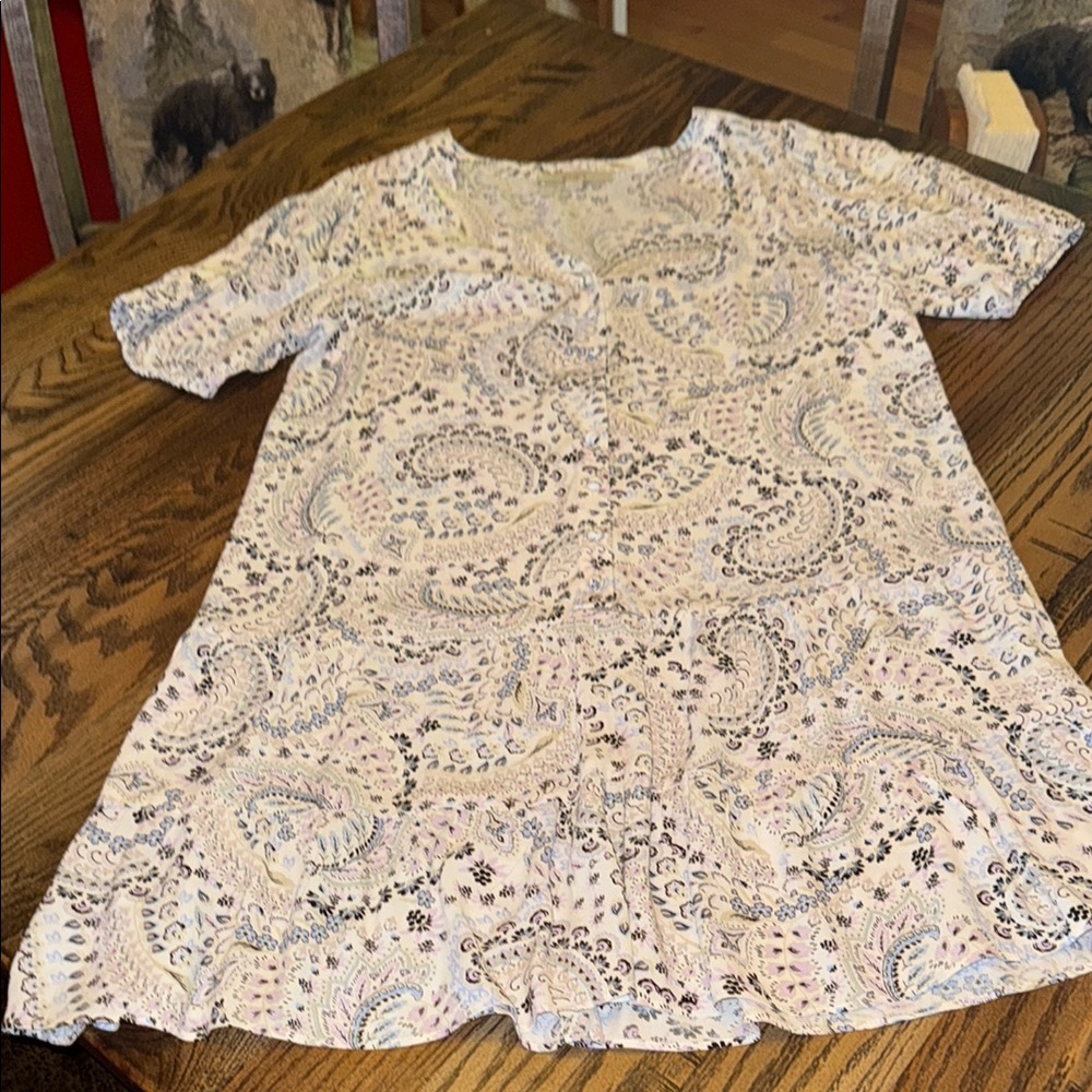 LOFT Cream and Blue Flutter Sleeve Sundress